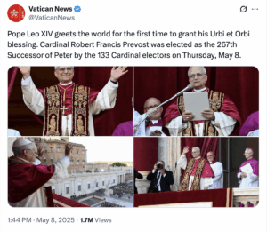 Vatican News: Pope Leo XIV greets the world for the first time to grant his Urbi et Orbi blessing. Cardinal Robert Francis Prevost was elected as the 267th Successor of Peter by the 133 Cardinal electors on Thursday, May 8.